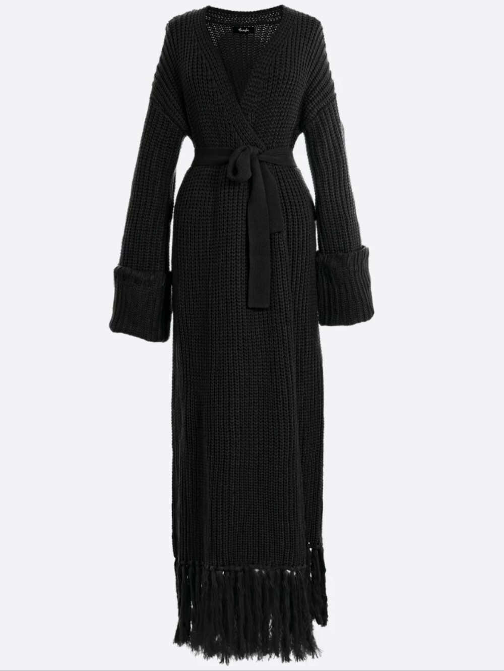 NWT Hanifa Miya Knit Cardigan Dress Black Tassels Belted Long Sleeve Sweatwf S/M
